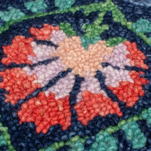 Round Rug with Floral Design - Navy, Wool