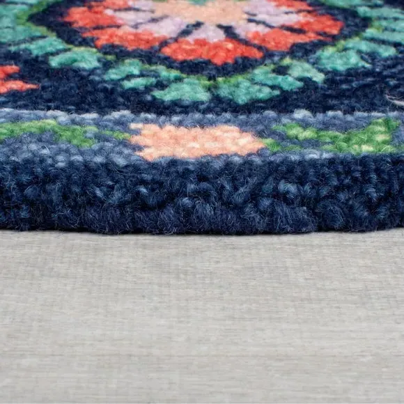 Round Rug with Floral Design - Navy, Wool