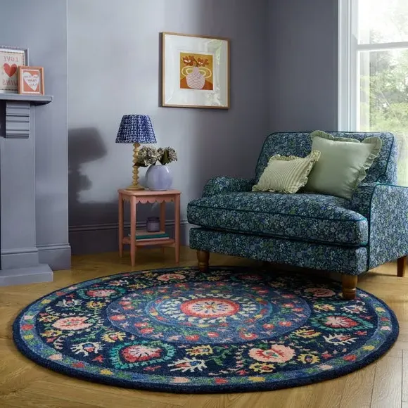 Round Rug with Floral Design - Navy, Wool