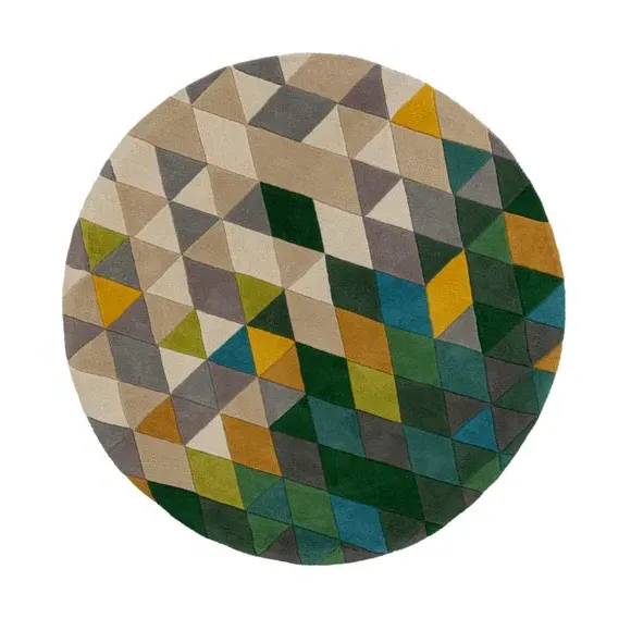 Round Rug with Hand-Carved Detail - Green, Wool