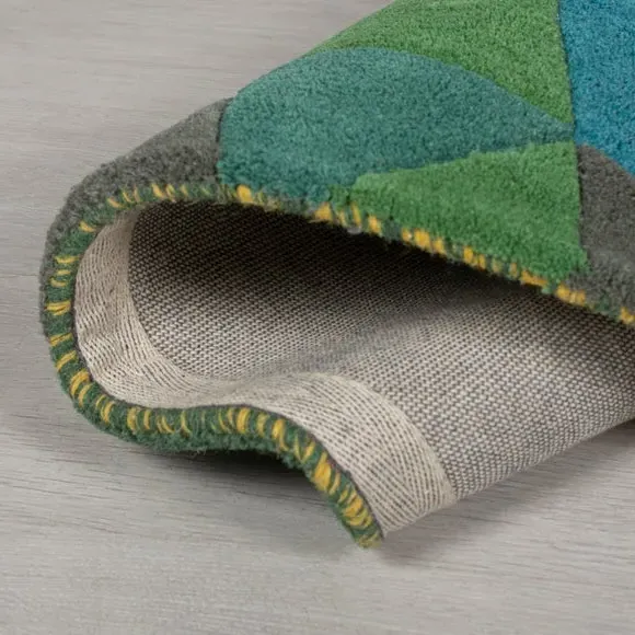 Round Rug with Hand-Carved Detail - Green, Wool