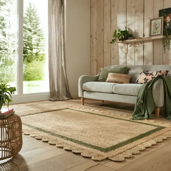 Scalloped Edge Rug - Green, Jute image