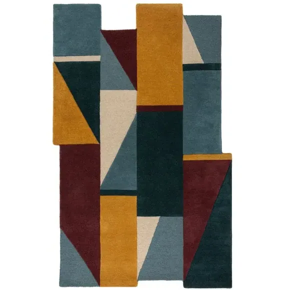 Shaped Wool Rug with Geometric Pattern - Multicoloured