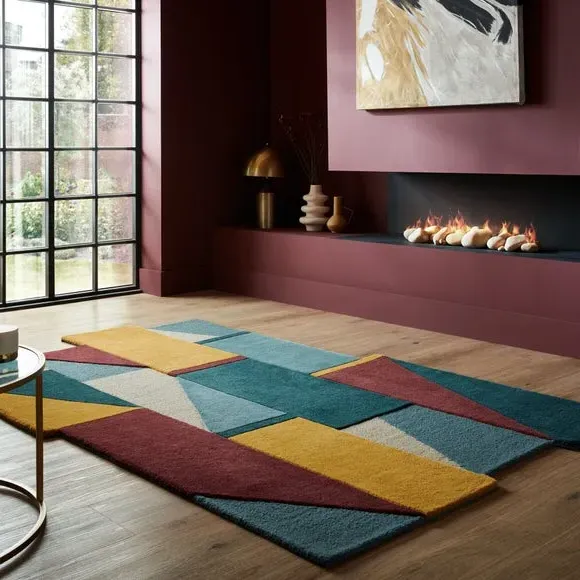 Shaped Wool Rug with Geometric Pattern - Multicoloured image