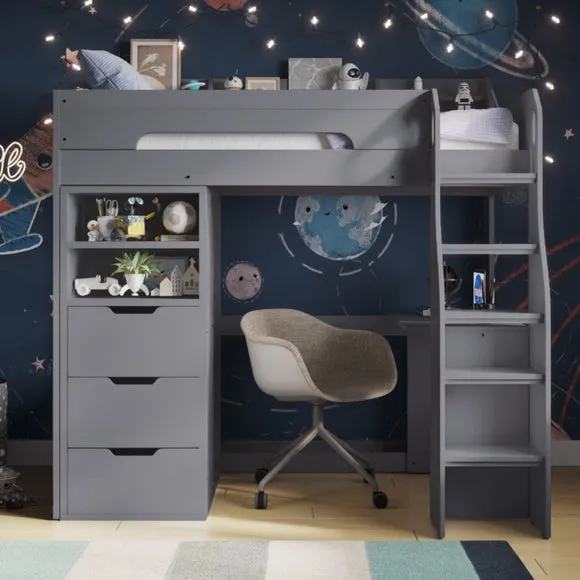 Single High Sleeper with Desk & Wardrobe - Grey