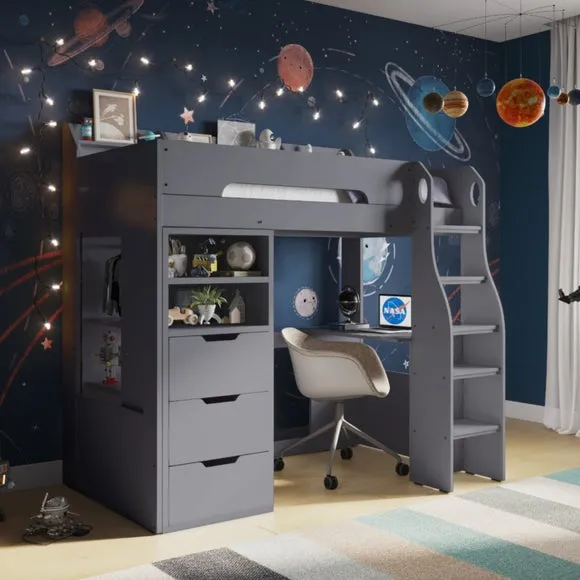 Single High Sleeper with Desk & Wardrobe - Grey image