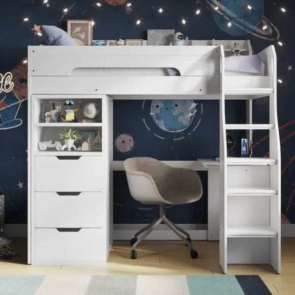 Single High Sleeper with Desk & Wardrobe - White