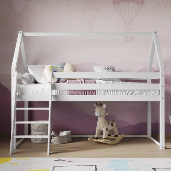 Single House Midsleeper Bed Frame - White, Pine