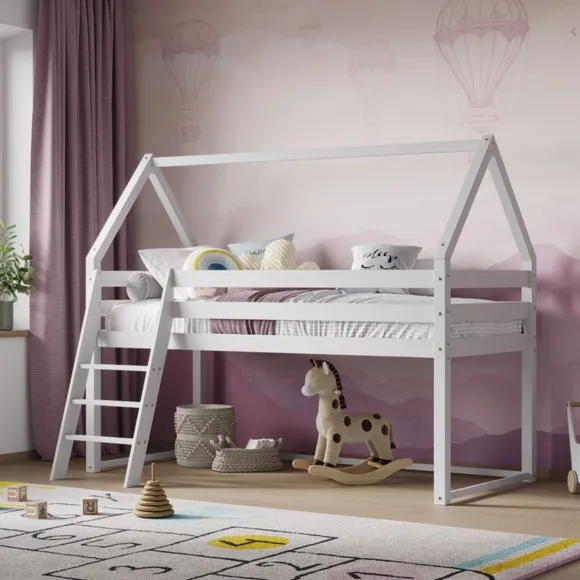 Single House Midsleeper Bed Frame - White, Pine image