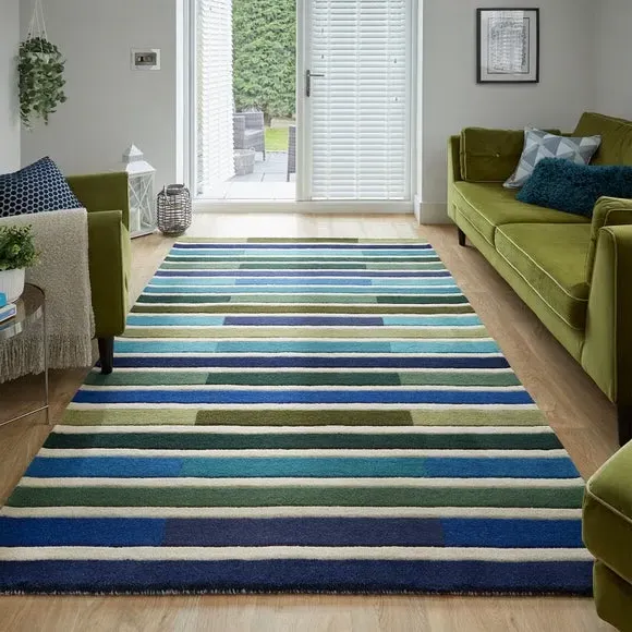 Striped Area Rug Hand Tufted - Green, Wool image