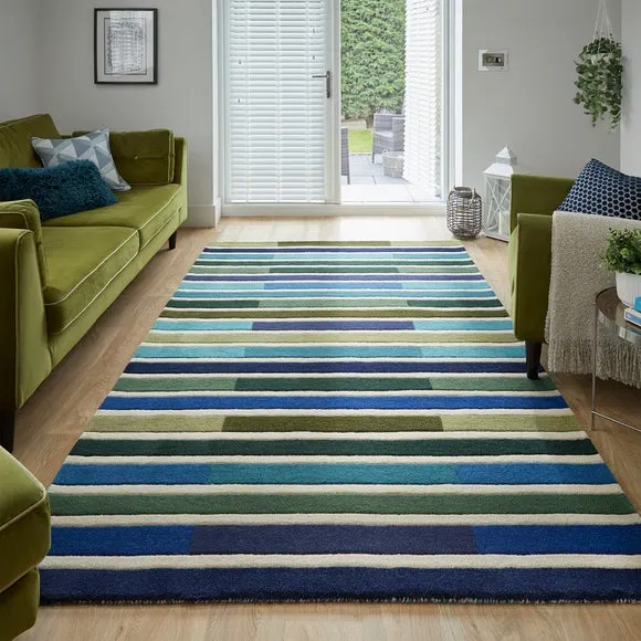 Striped Area Rug Hand Tufted - Green, Wool