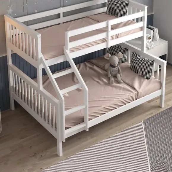Triple Bunk Bed Frame with Storage - White