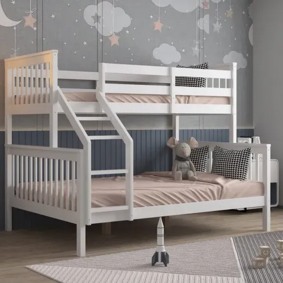 Triple Bunk Bed Frame with Storage - White