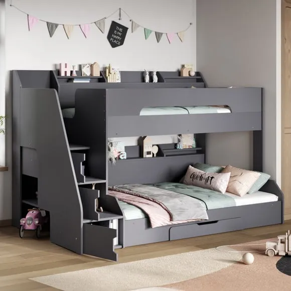 Triple Bunk Bed with Staircase Storage - Grey