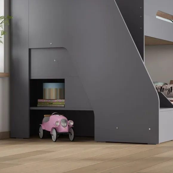 Triple Bunk Bed with Staircase Storage - Grey