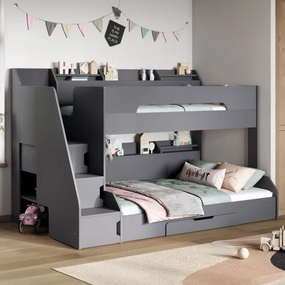 Triple Bunk Bed with Staircase Storage - Grey image