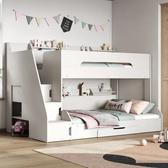 Triple Bunk Bed with Staircase Storage - White