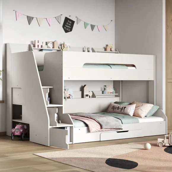 Triple Bunk Bed with Staircase Storage - White
