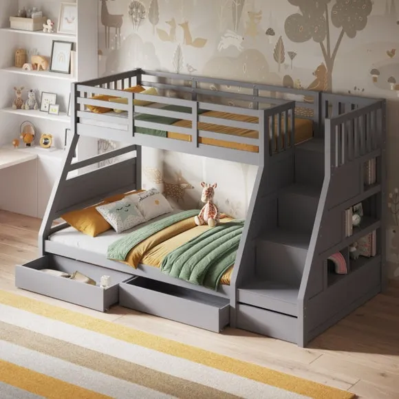 Triple Bunk Bed with Storage - Grey