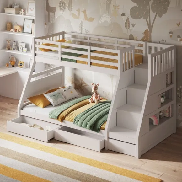 Triple Bunk Bed with Storage - White