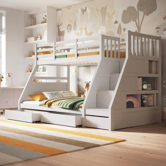 Triple Bunk Bed with Storage - White