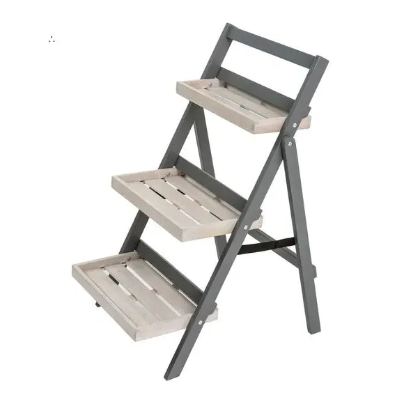 Folding Plant Pot Shelf - Grey, Eucalyptus Wood