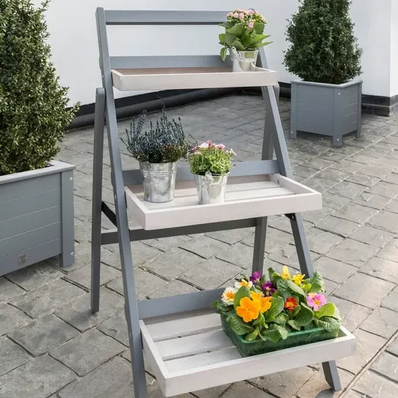Folding Plant Pot Shelf - Grey, Eucalyptus Wood image