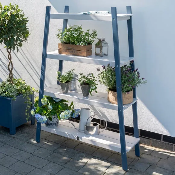 Ladder Plant Pot Shelf - Blue, Eucalyptus Wood