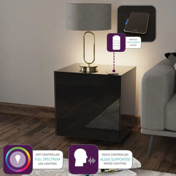 1-Door Side Table with LED Lighting - Black