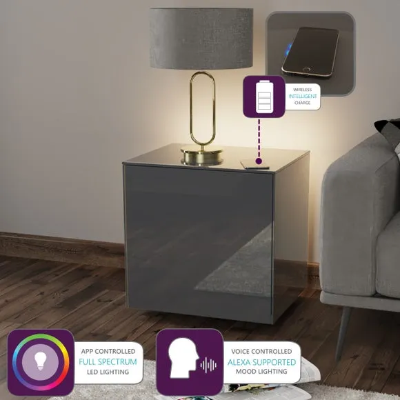 1-Door Side Table with LED Lighting - Grey