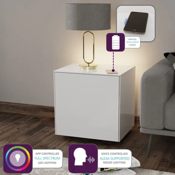 1-Door Side Table with LED Lighting - White