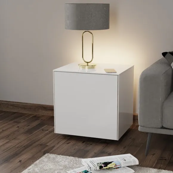 1-Door Side Table with LED Lighting - White