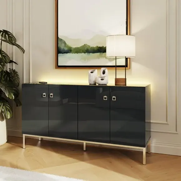 Large Smart Sideboard with LED - Black, Glass image