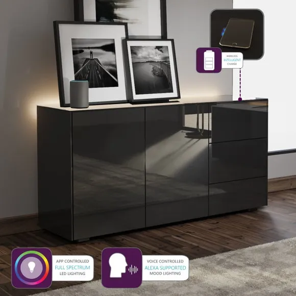 LED Sideboard with Wireless Charging - Black
