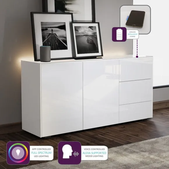 LED Sideboard with Wireless Charging - White