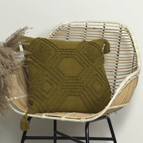 Decorative Cushion with Tassels - Moss Green