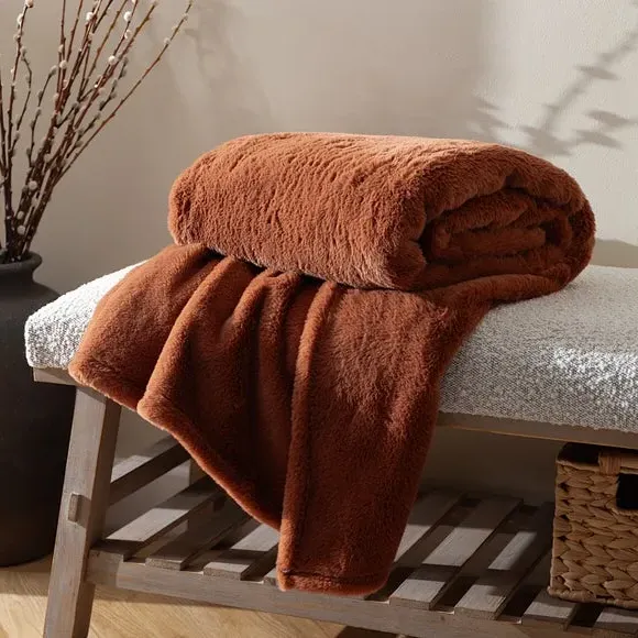 Faux Fur Throw Blanket - Rust, Polyester