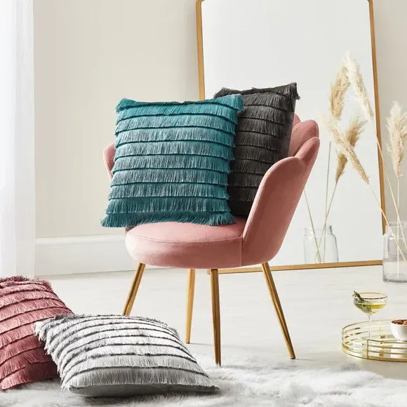 Flicker Cushion with Fringe - Grey, Velvet