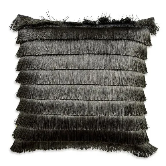 Flicker Cushion with Fringe - Grey, Velvet
