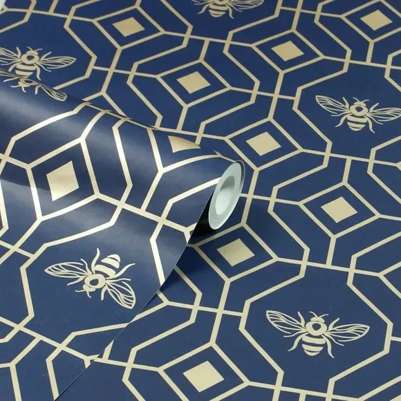 Geometric Wallpaper with Gold Foil - Dark Blue