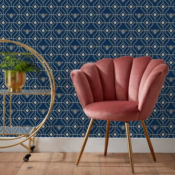 Geometric Wallpaper with Gold Foil - Dark Blue