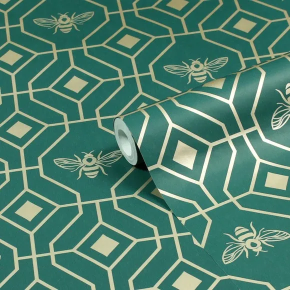 Geometric Wallpaper with Gold Foil - Emerald