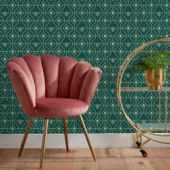 Geometric Wallpaper with Gold Foil - Emerald