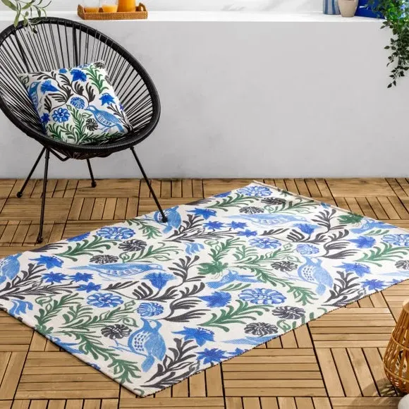 Indoor Outdoor Rug Floral Design - Blue, Polyester image