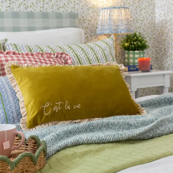 Rectangle Cushion with Embroidery - Green, Velvet