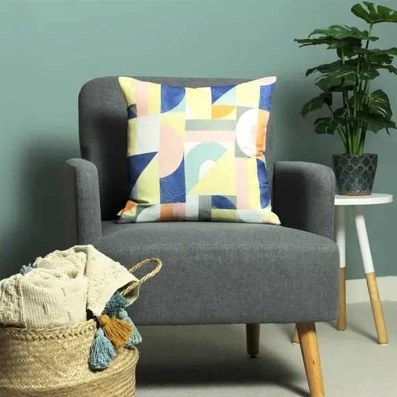 Square Cushion Art-Deco Design - Blue, Polyester