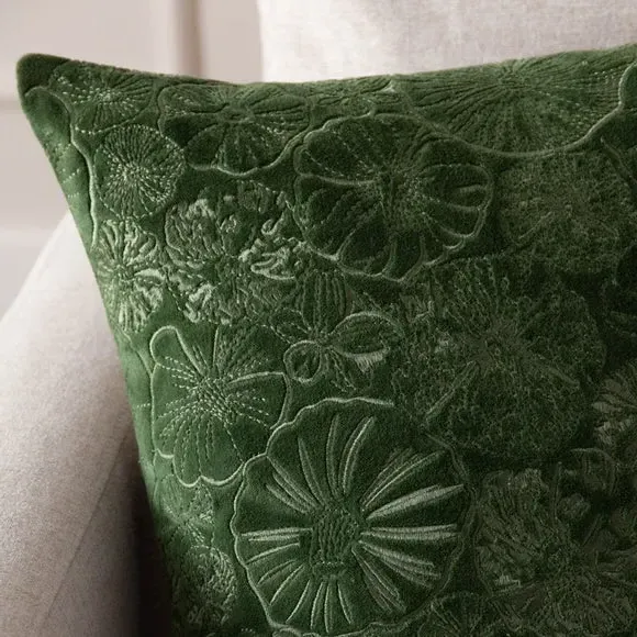 Square Cushion with Embroidery - Green, Velvet