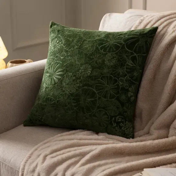 Square Cushion with Embroidery - Green, Velvet image