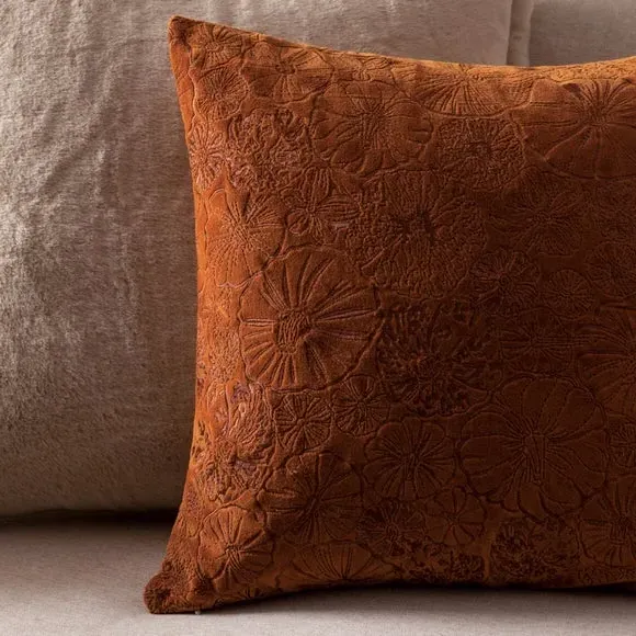 Square Cushion with Embroidery - Orange, Velvet