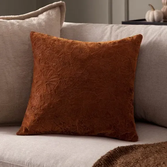 Square Cushion with Embroidery - Orange, Velvet